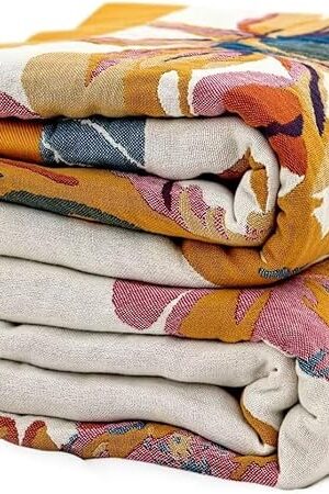 Boho Throw Blanket - 100% Cotton Soft Throw Blanket for Bed, 50"x60" Reversible Breathable Lightweight Summer Blankets, All Seasons Farmhouse Decor Floral Plant Butterfly Throw Quilt