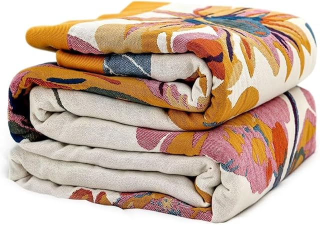 Boho Throw Blanket - 100% Cotton Soft Throw Blanket for Bed, 50"x60" Reversible Breathable Lightweight Summer Blankets, All Seasons Farmhouse Decor Floral Plant Butterfly Throw Quilt