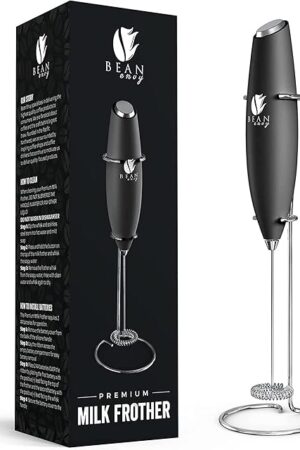 Bean Envy Milk Frother Handheld for Coffee - Mini Drink Mixer Whisk & Coffee Foamer Wand with Stand for Lattes, Cappuccino, Matcha and Hot Chocolate - Kitchen Gifts - Black