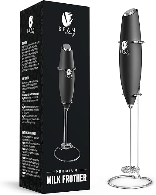 Bean Envy Milk Frother Handheld for Coffee - Mini Drink Mixer Whisk & Coffee Foamer Wand with Stand for Lattes, Cappuccino, Matcha and Hot Chocolate - Kitchen Gifts - Black