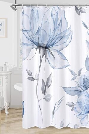 Blue and Grey Boho Watercolor Floral Shower Curtain, Ink Painting Style Blossom & Leaf Shower Curtains for Chic Elegant Bathroom, Artistic Fabric Cloth Flower Shower Curtain, 72x72