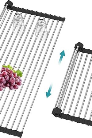 BBXTYLY Extra Expandable Roll Up Dish Drying Rack,Over The Sink Drying Rack Sink Cover Kitchen Sink Accessories Kitchen Rolling up Stainless Steel Drainer, Foldable,Rollable（Black，22.8''-12.4''）