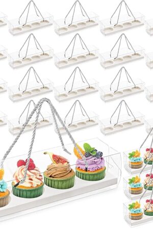 Coloch 24 Pack Clear Cupcake Box with Handle, 12 x 3 x 3 In 4 Count Plastic Cupcake Container with 4 Count Baked Dessert Box, for Cupcake, Dessert, Muffins, Party, Mother's Day, Wedding