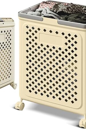 50L small foldable storage basket with wheels and handles, yoga mat storage basket, mesh rolling laundry basket, plastic small rolling gift basket are the best choice to save space