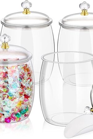 4 Pcs Candy Jars With Lids&Spoons 1/2 Gallon Clear Plastic Cookie Container Large Airtight Apothecary Storage Organization Hard Snack Buffet Canister for Wedding Home Décor Kitchen Bar Decoration
