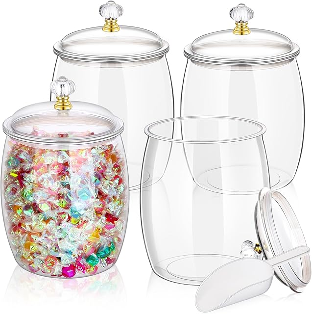 4 Pcs Candy Jars With Lids&Spoons 1/2 Gallon Clear Plastic Cookie Container Large Airtight Apothecary Storage Organization Hard Snack Buffet Canister for Wedding Home Décor Kitchen Bar Decoration