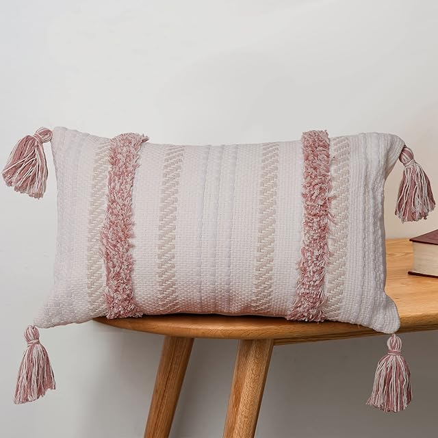 Boho Throw Pillow Covers Tufted Decorative Pillows Cover for Couch Bed Small Lumbar 12 x 20 inch Pillow Cover, Modern Accent Farmhouse Neutral Throw Pillow Case, Pink