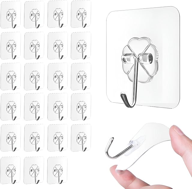 Adhesive Hooks for Hanging, Heavy-Duty Wall Hooks, Self-Adhesive Transparent Hooks, Waterproof Towel & Coat Hooks for Bathroom, Shower, Kitchen, Keys, Doors, Outdoor Use - 25 Pack