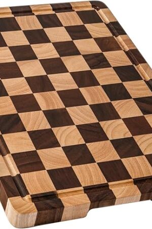 Cutting Boards for Kitchen, Checkered Cutting Board Upgraded, Acacia Wood Chopping Board with Juice Grooves & Handles, Large Butcher Block Serving Tray with Gift Box, 16.5" x 11.6" x 0.8"