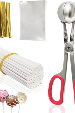 Cake Pop Sticks and Wrappers,Cake Pop Maker Set Include 100 Cake Pop Bags,Lollipop Sticks and Gold Metallic Twist Ties Meat Baller with One Handles Cake Pops Making Tools for Candies and Chocolates