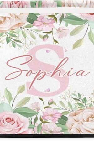 Custom Foldable Storage-Basket with Name,Personalized Flowers Laundry-Hamper with Handles,Clothes Dolls Organizing,Pet Bin Pink Rose Greenery