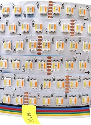 24VDC Highest Density 5-in-1 5050 RGBWW (RGB+Warm White+Daylight) 112LEDs/m Bright RGBCCT LED Strip 16.4FT Dimmable Tape Lights for Bedroom Decor (16.4Ft IP20 Non-Waterproof)