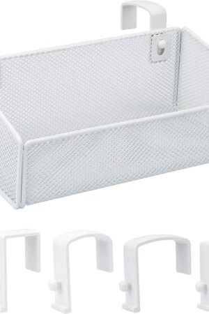 Bedside Caddy Hanging Storage Basket Beside Shelf Metal Organizer for Collage Dorm Bunk Bed,Hospital Bed,Baby Bed - Bedroom Essentials for Magazine,Remote Control,Phone,Drinks (White)