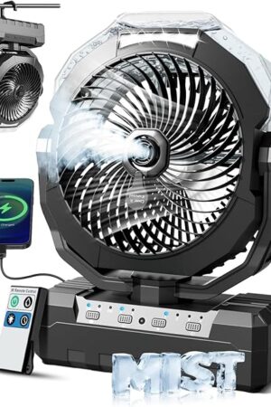 460ml Large Tank Portable Misting Fan, 24000mAh Rechargeable Battery Powered Camping Fan with 2 Meters Spray, Light & Remote for Indoor, Outdoor, Patios, Travel, Jobsite Beach Summer Essentials, Black
