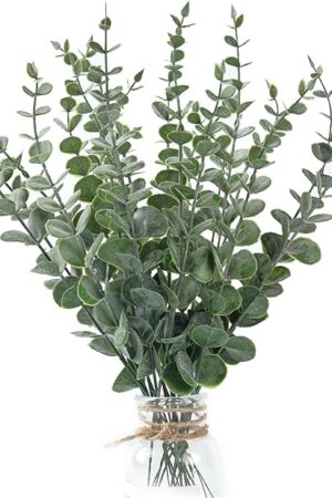 20Pcs Eucalyptus Stems Artificial Flowers, Fake Eucalyptus Leaves Stems, Plastic Grey Green Touch Leaf Branches for Home Office Flowers Bouquet Centerpiece Wedding Decoration