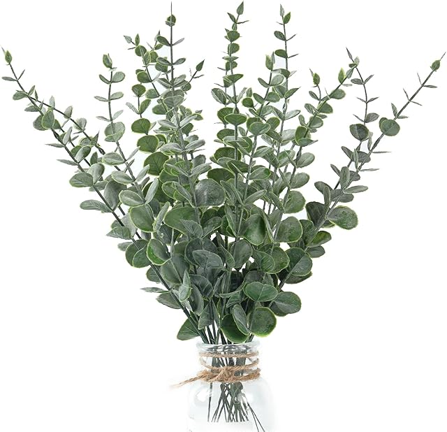 20Pcs Eucalyptus Stems Artificial Flowers, Fake Eucalyptus Leaves Stems, Plastic Grey Green Touch Leaf Branches for Home Office Flowers Bouquet Centerpiece Wedding Decoration