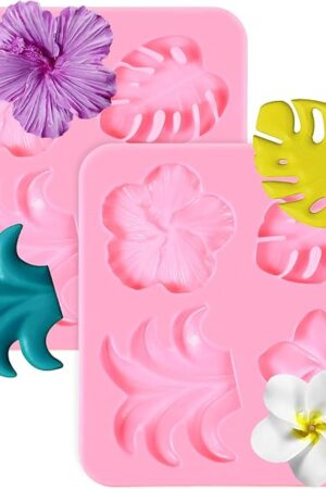 2 Pieces Tropical Flowers Leaves Silicone Mold Hibiscus Flower Silicone Mold Plumeria Monstera Fan Leaf Fondant Molds for DIY Chocolate Candy Cupcake Cake Topper Birthday Party Decorations(Pink)