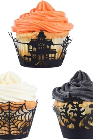 Whaline 60 Pack Halloween Cupcake Wrappers Spiderweb/Witch/Castle Laser Cut Paper Liners Holders for Halloween Party Wedding Birthday Decoration (Black)