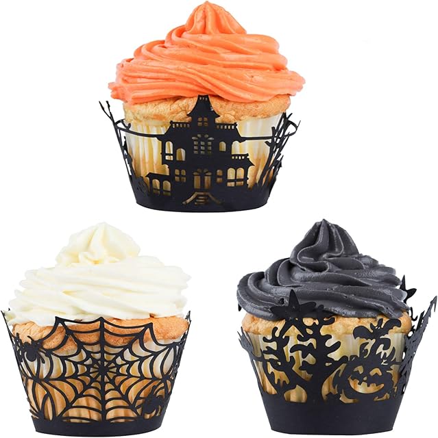 Whaline 60 Pack Halloween Cupcake Wrappers Spiderweb/Witch/Castle Laser Cut Paper Liners Holders for Halloween Party Wedding Birthday Decoration (Black)