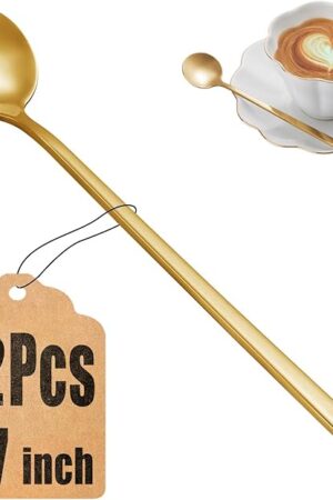 12 Pcs Coffee Spoons Set, 6.7" Gold Tea Spoons Long Handle, Gold Small Teaspoons, Stainless Steel Espresso Spoon, Long Spoon for Stirring, Coffee Bar Accessories