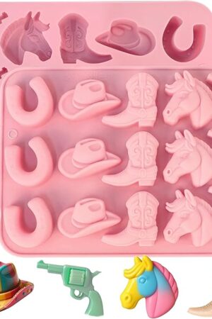 Cowboy Chocolate Molds, 2 Pcs Western Silicone Candy Fondant Mold, Cowboy Hat Boot Horse Saddle Shaped Mould, for DIY Baking Cupcake Cake Party Desserts Decorations (Pink)