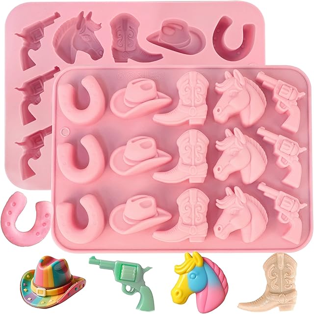 Cowboy Chocolate Molds, 2 Pcs Western Silicone Candy Fondant Mold, Cowboy Hat Boot Horse Saddle Shaped Mould, for DIY Baking Cupcake Cake Party Desserts Decorations (Pink)