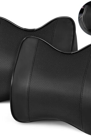 2 Pack Car Neck Pillow, Softness Leather Car Headrest Pillow, 100% Memory Foam and Breathable Removable Cover, Neck Support Head Pillow for Ergonomic Design (Black)
