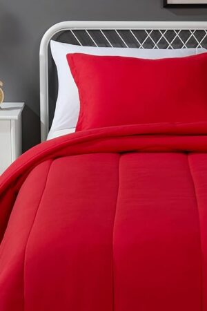 Amazon Basics 2 Piece Microfiber Kid's Comforter and Pillow Sham Set, All Seasons, Twin, Red, Solid
