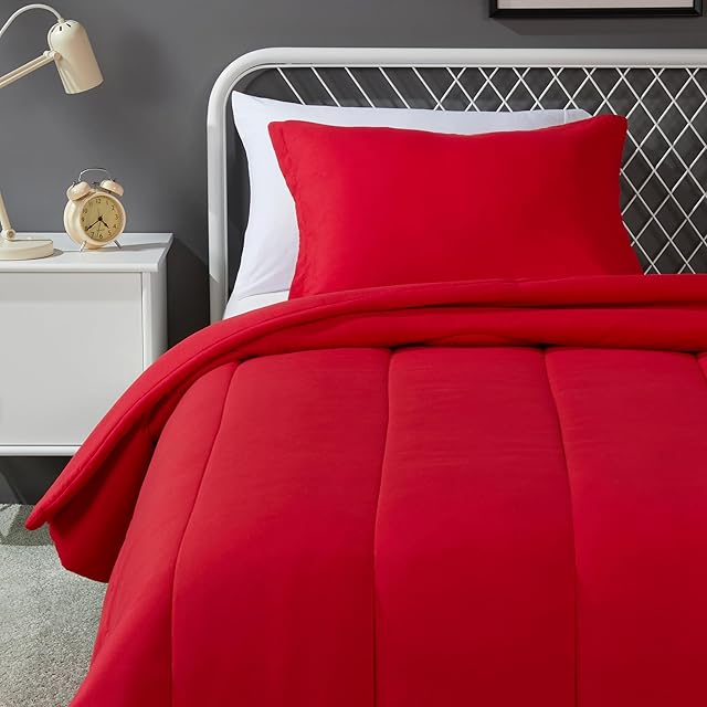 Amazon Basics 2 Piece Microfiber Kid's Comforter and Pillow Sham Set, All Seasons, Twin, Red, Solid