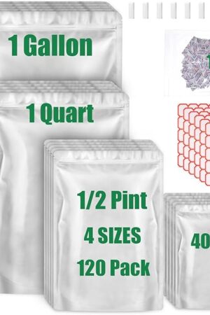 120 Mylar Bags for Food Storage with Oxygen Absorbers 120 x 300cc, Mylar Bags 9 Mil 1 Gallon, 1 Quart, 1/2 Pint, 40 Oz, Stand-Up Zipper Resealable Bags & Heat Sealable Food Storage Bags + Labels