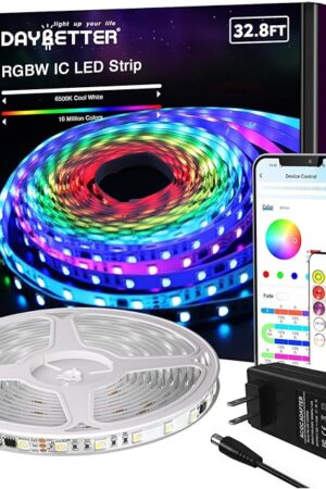 DAYBETTER RGBW IC LED Strip Lights, Smart RGB+6500K White 4 Color in 1 LED Lights with Built-in IC Chip, High Density（60 LEDs per 3.2ft/1M） Dream Color LED Strip for Bedroom, Home Decor, 32.8ft, 24V