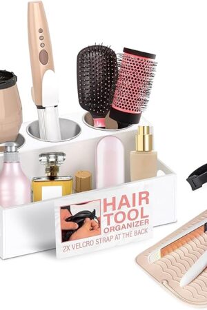 Casavita White Hair Tool Organizer - Bathroom Countertop Hair Tool Holder for Blow Dryers, Curling Irons, Flat Irons, Makeup, and Toiletries - Hair Accessories Organizer - Heat Resistant Mat