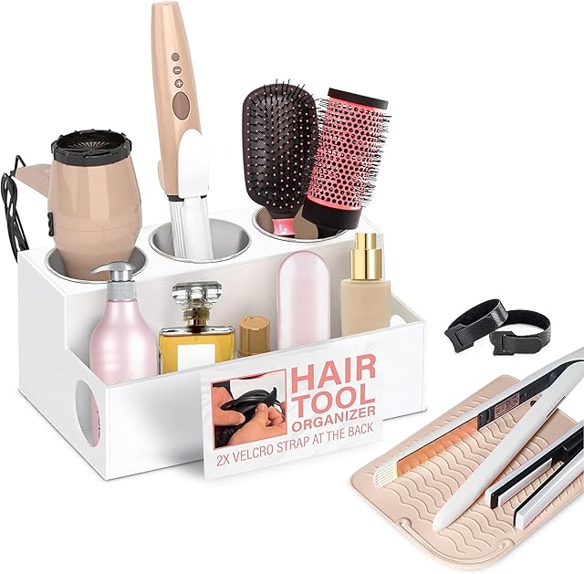 Casavita White Hair Tool Organizer - Bathroom Countertop Hair Tool Holder for Blow Dryers, Curling Irons, Flat Irons, Makeup, and Toiletries - Hair Accessories Organizer - Heat Resistant Mat