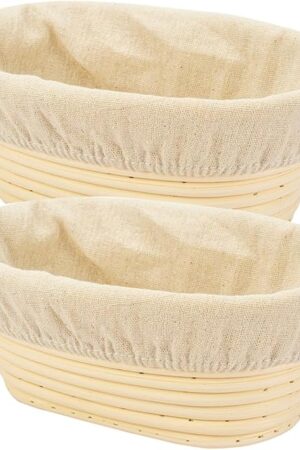 2 PCS 8 inch Oval Long Banneton Brotform Bread Dough Proofing Rising Rattan Basket & Liner for Professional & Home Bakers