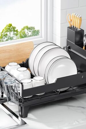 Dish Drying Rack for Kitchen Counter, Countertop Dish Rack with Drainboard, Multifunctional Dish Drainer with Cups Holder & Cutting Board, Home Plate Storage Rack with Cutlery Holder, Black