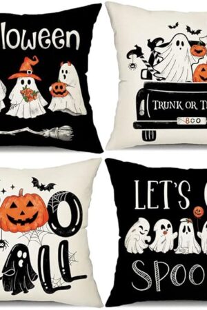 DFXSZ Halloween Pillow Covers 18x18 inch Set of 4 Black and White Ghost Pumpkins Decoration Outdoor Pillow Cases Black Throw Pillow Covers Decor for Sofa Bed Outdoor Car