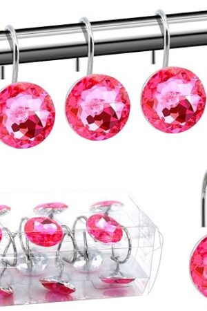 BEAVO Acrylic Fashion Decorative Home Rolling Shower Curtain Hooks Rhinestones Bathroom Bath Baby Room Bedroom Living Room Decor Set of 12 Rings (Pink)