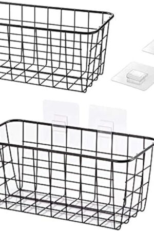 2 Set Hanging Wall Basket Organizer Over the Cabinet Door Wire Baskets for Organizing -No Drilling Adhesive Wall Storage Basket, Space-Saving Hanging Baskets for Organizing Wall Mount Storage,Black