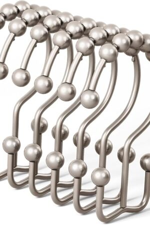 DAWNER Shower Curtain Hooks, Rust Proof Metal Easy Glide Double Rings, Stainless Steel Hangers for Bathroom Curtains, Set of 12, Brushed Nickel