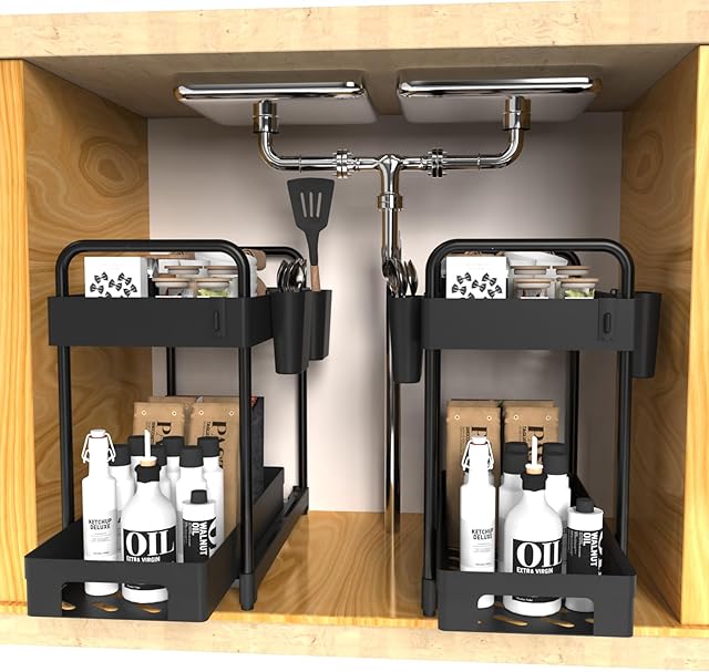 2 Pack Double-Layer Under Sink Organizer for Efficiently Utilizing Space, High Capacity and Space Saving, 2 Tier Sliding Under Sink Shelf with 4 Hooks and a Cup Slot(Black)