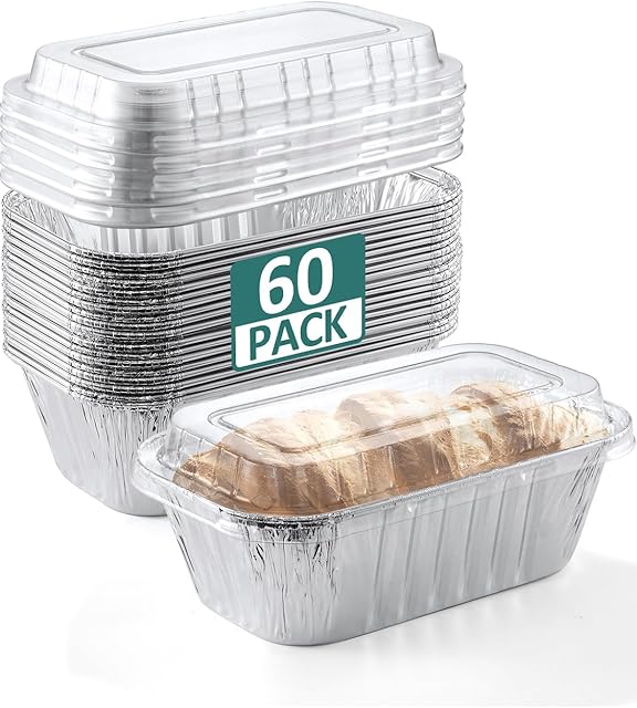 60 Pack 6x3.5x2 Disposable Aluminum Loaf Pans with Lids Small-Aluminum-Foil-Pans-Tin-Foil-Baking-Pans-Tin-Trays-Food-Containers-for-Baking-Cakes-Bread-Meat-Loaves