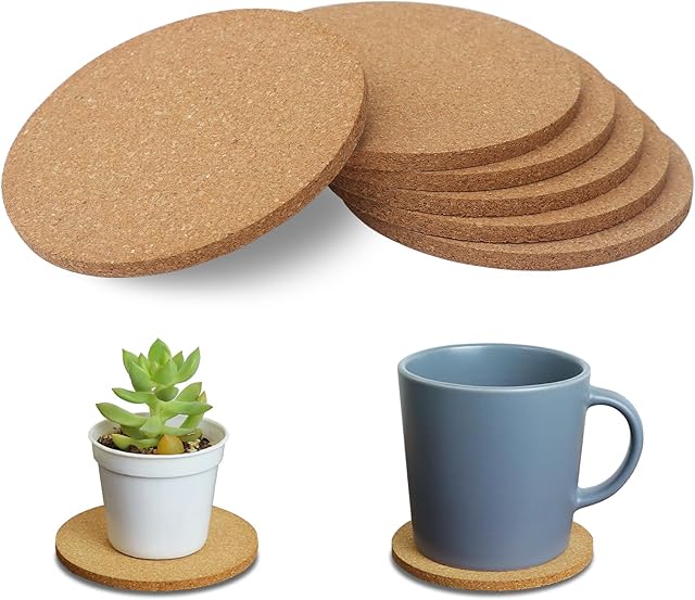 6Pcs Cork Coasters, Tivnhuils 3.9 inch Cork Coaster Desk, Coaster Set for Cup and Plant