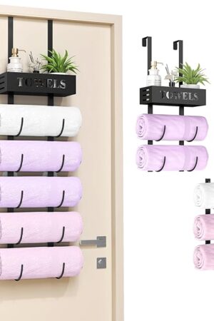 6 Tier Over The Door Towel Racks for Bathroom, Wall Mount Bathroom Towel Storage with Basket, Over The Door Towel Holder for Roll Towels, Small Bathroom, RV, Camper, Black