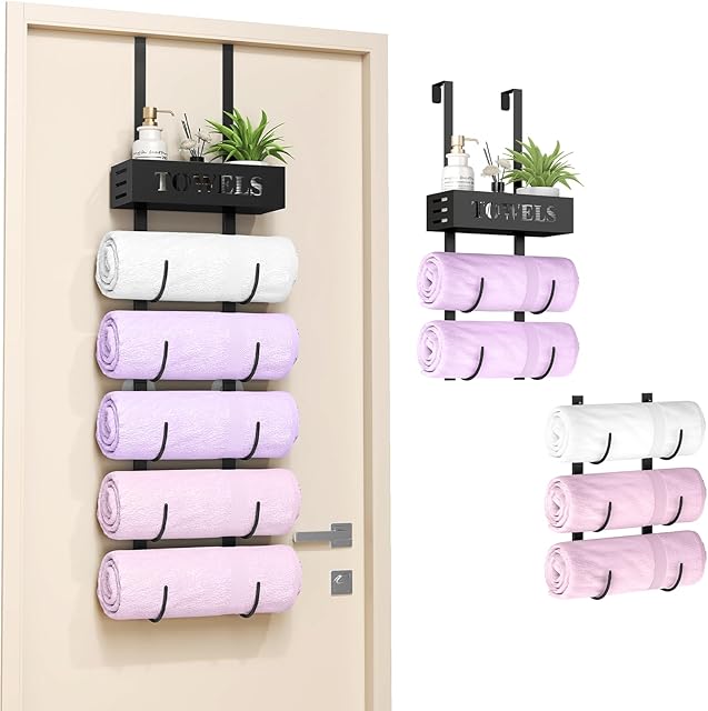6 Tier Over The Door Towel Racks for Bathroom, Wall Mount Bathroom Towel Storage with Basket, Over The Door Towel Holder for Roll Towels, Small Bathroom, RV, Camper, Black