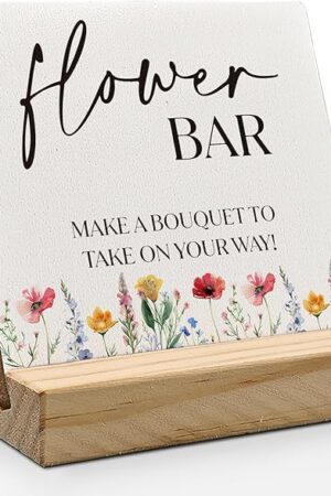 ANlANG Flower Bar Sign, Flower Bar Desk Decor, Bridal Shower Sign Wood Plaque, Wedding flowers, WeddingAccessories for Reception Wooden Plaque Sign for WeddingReception Table Decor, 4X4 inch