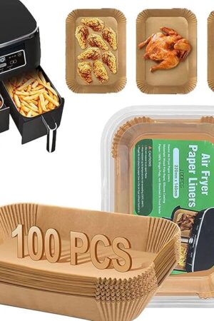 Air Fryer Disposable Paper Liner, Rectangular for Ninja 2-Basket Air Fryer, Natural Non-stick Parchment Paper Liner, 8.6x5.5 inch 100Pcs Rectangle Parchment Paper for DZ201, DZ401, FG551