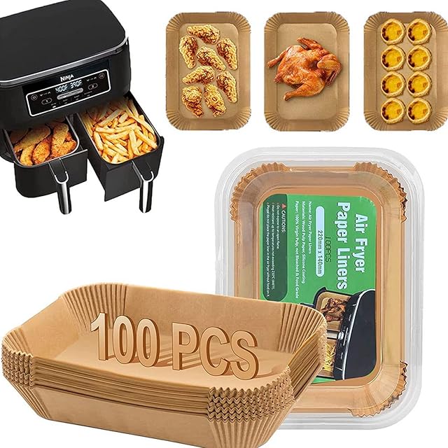 Air Fryer Disposable Paper Liner, Rectangular for Ninja 2-Basket Air Fryer, Natural Non-stick Parchment Paper Liner, 8.6x5.5 inch 100Pcs Rectangle Parchment Paper for DZ201, DZ401, FG551