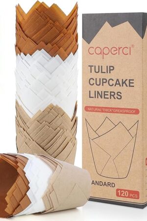 Caperci Standard Tulip Cupcake Liners for Baking 120 Counts - Greaseproof Muffin Baking Cups for Wedding Birthday Party Baby Shower Festivals Christmas (Natural/White/Brown)