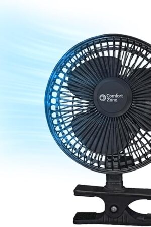 Comfort Zone Portable Clip on Stroller Fan, 6 inch with Fully Adjustable Tilt, Quiet 2 Speed Bedside Fan, Mini Desk Fan, Table Fan, Easily Clip on to Desk, Stroller or Bedroom Nightstand, Black