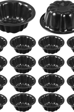Ctosree 16 Pcs 4 Inches Fluted Mini Cake Pan Nonstick Fluted Cake Pan Carbon Steel Tube Metal Tube Oven Baking Mold with Flower Shape for Cupcake (Black)